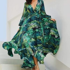 Tropical palm print long dress, size L